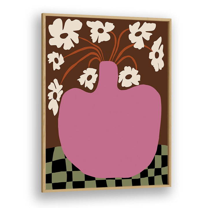 Big Pot With Flower, Botanical Art Paintings Artwork in Oak Wood Plain Frame