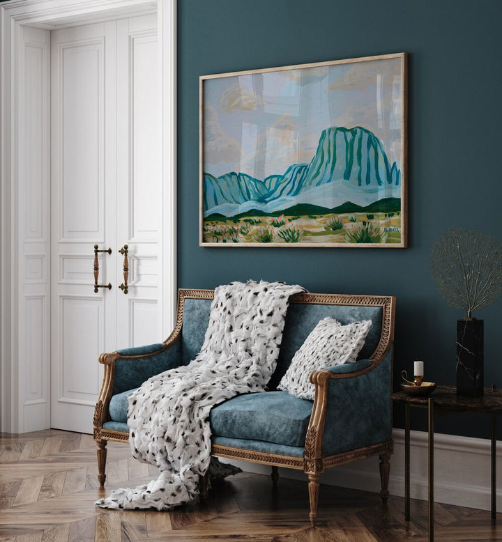 Stunning BIG BEND COUNTRY, LANDSCAPE PAINTINGS adorn a cozy living space, bringing Texas beauty indoors.