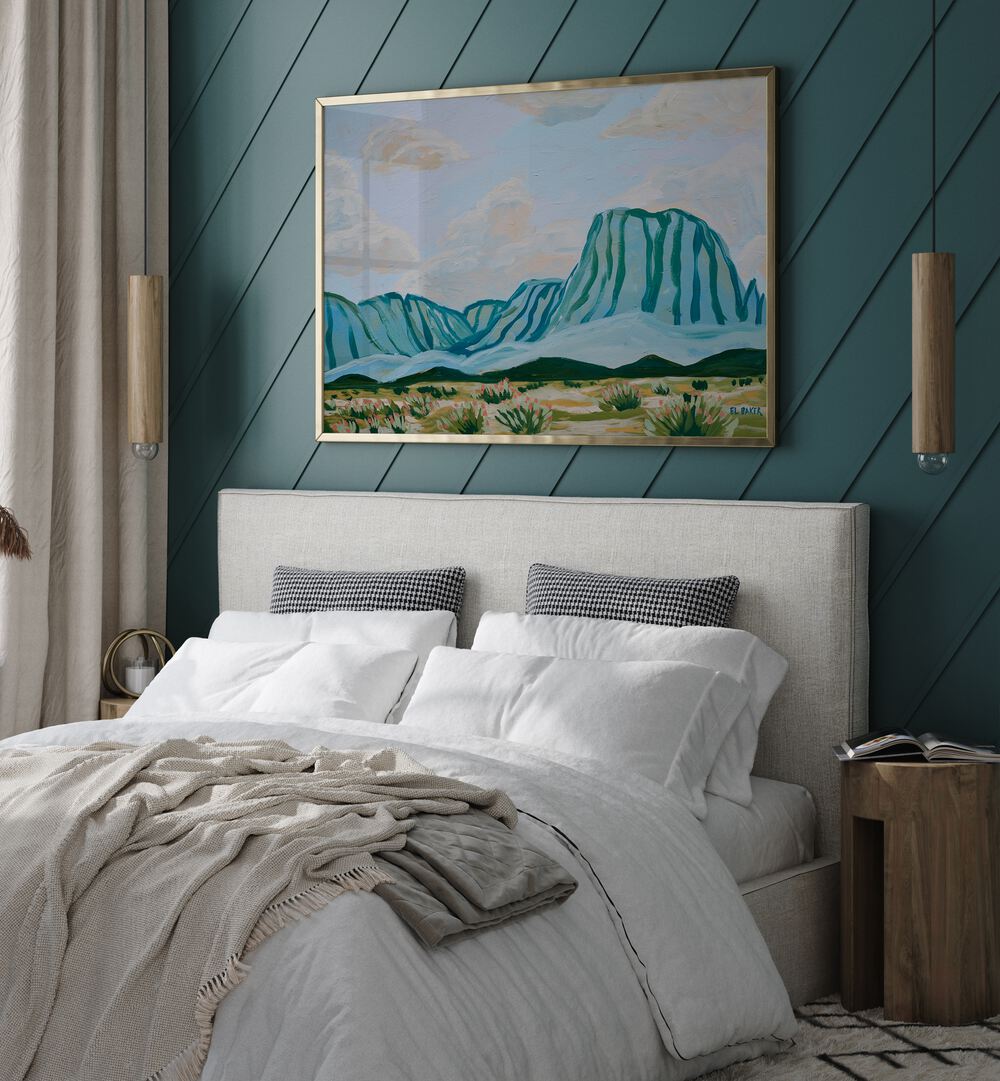 Stunning BIG BEND COUNTRY, LANDSCAPE PAINTINGS enhance a serene bedroom, reflecting Texas's natural beauty.