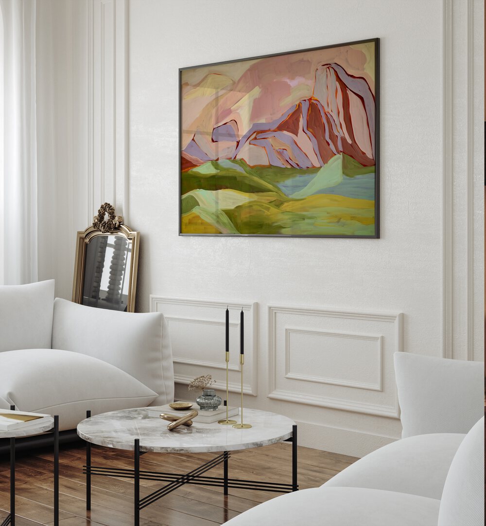Stunning BIG BEND NATIONAL PARK, LANDSCAPE PAINTINGS adorn a stylish living room, showcasing vibrant natural beauty.