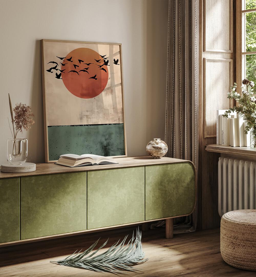 Stunning BIRDS FLYING IN THE SUNSET, LANDSCAPE PAINTINGS, capturing nature's beauty in a modern interior setting.