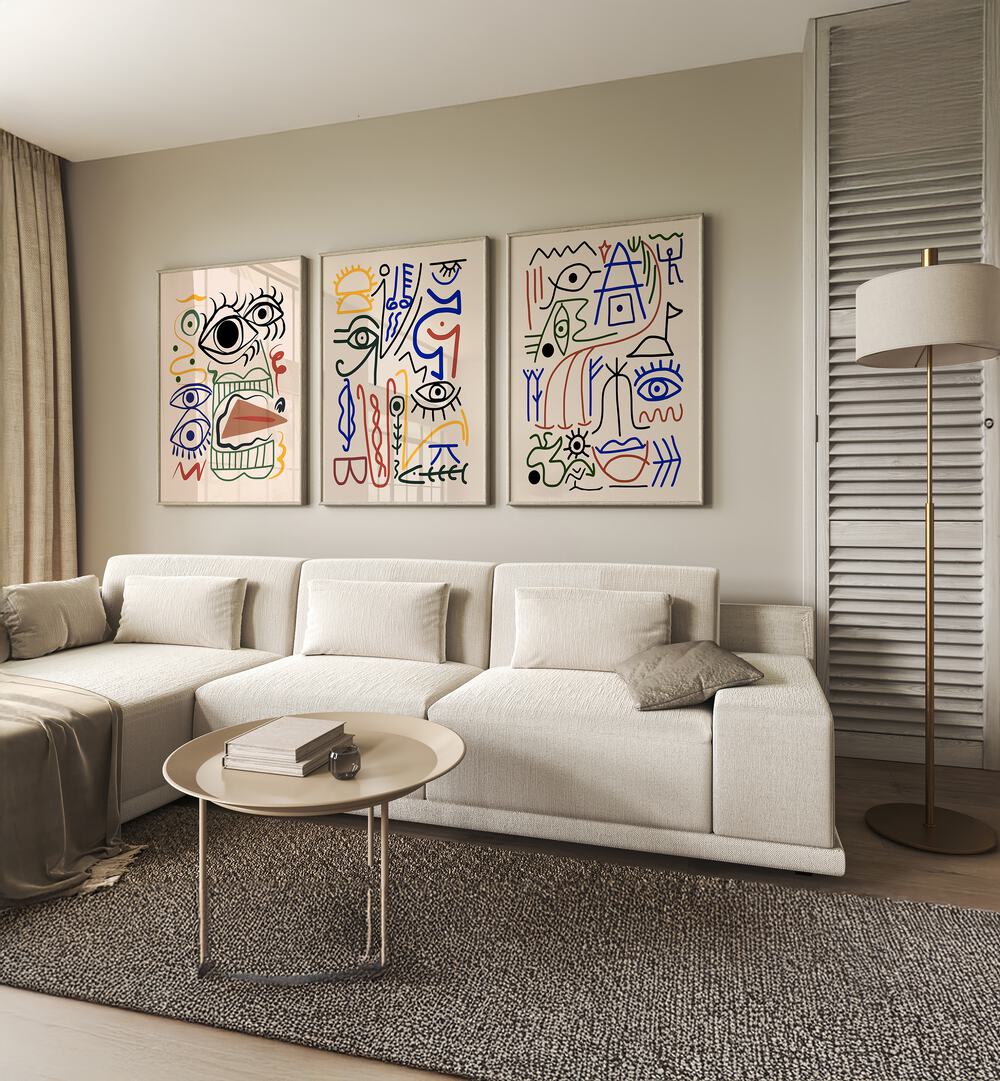 Transform your space with the BIZZARE ANCCIENT SYMBOLS SET, SET OF 3 PAINTINGS, blending history and modern art.