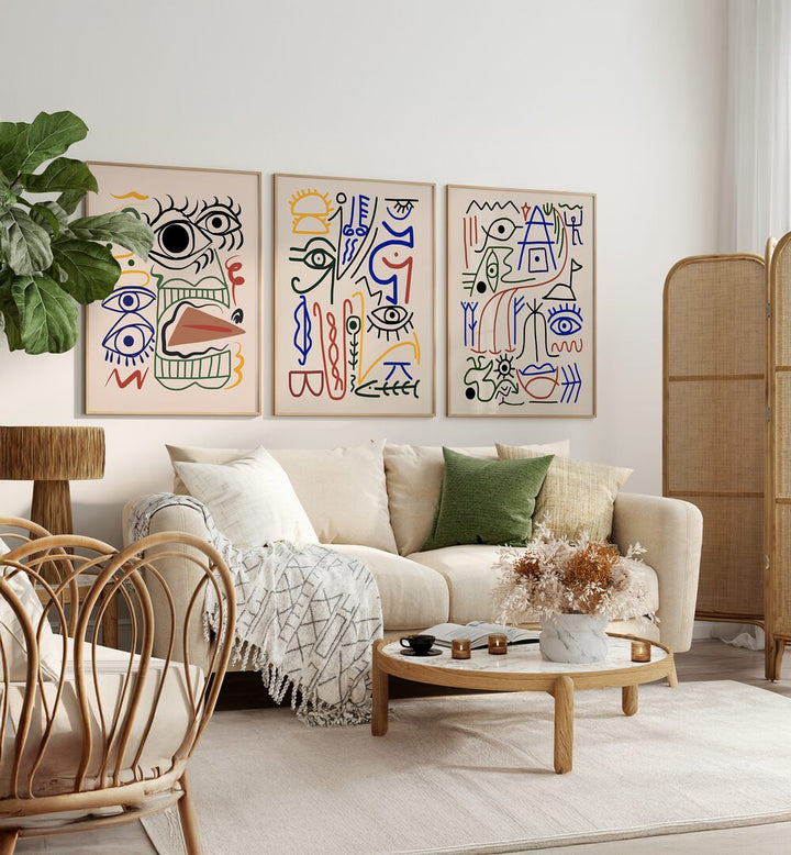Transform your space with the BIZZARE ANCCIENT SYMBOLS SET , SET OF 3 PAINTINGS, showcasing unique, modern artistry.