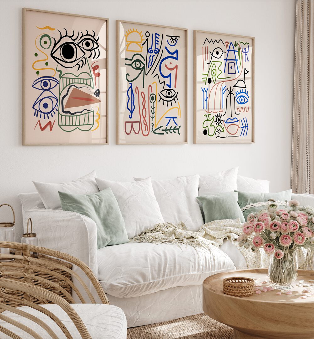 Transform your space with the BIZZARE ANCCIENT SYMBOLS SET, SET OF 3 PAINTINGS featuring intricate designs.