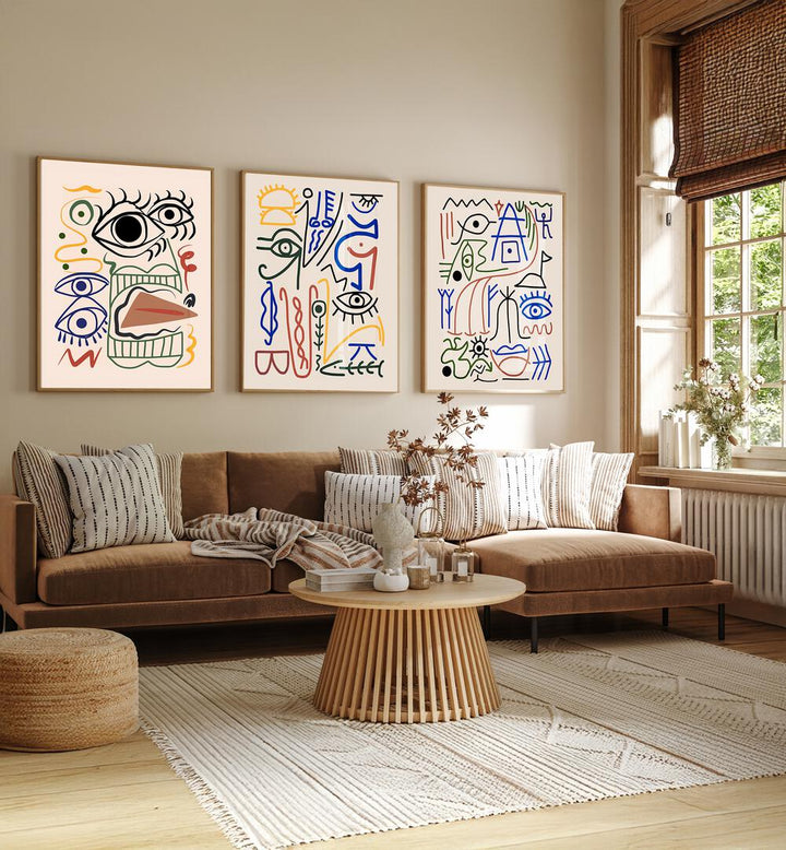 Enhance your decor with the BIZZARE ANCCIENT SYMBOLS SET, SET OF 3 PAINTINGS featuring unique, modern designs.