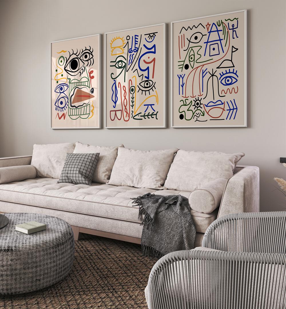 BIZZARE ANCCIENT SYMBOLS SET , SET OF 3 PAINTINGS enhances modern decor with unique, intricate designs. Perfect for any space!