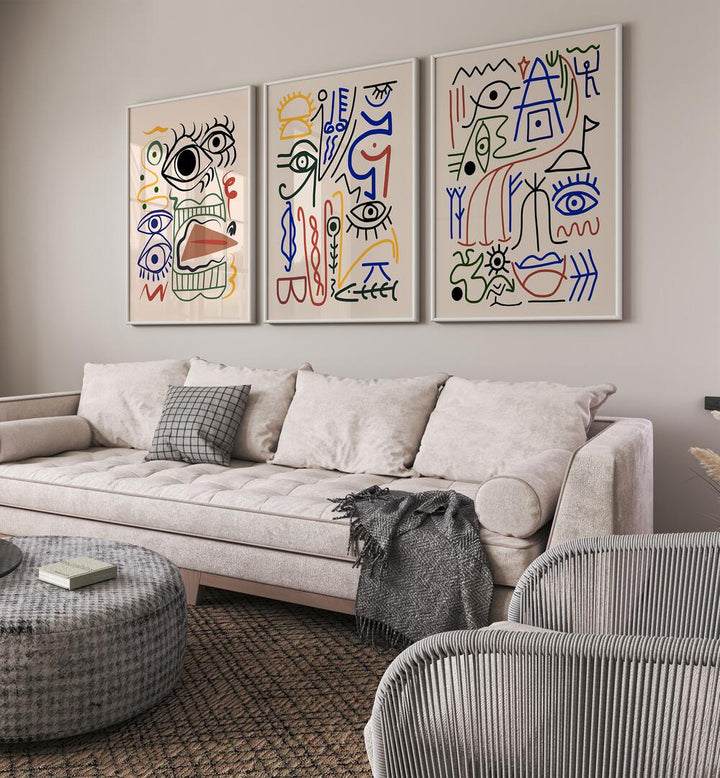BIZZARE ANCCIENT SYMBOLS SET , SET OF 3 PAINTINGS enhances modern decor with unique, intricate designs. Perfect for any space!
