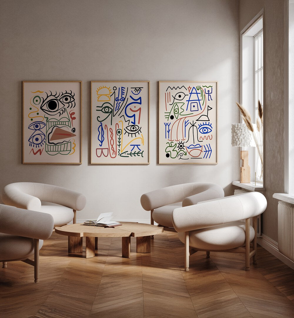 Transform your space with the BIZZARE ANCCIENT SYMBOLS SET, SET OF 3 PAINTINGS featuring unique, intricate designs.