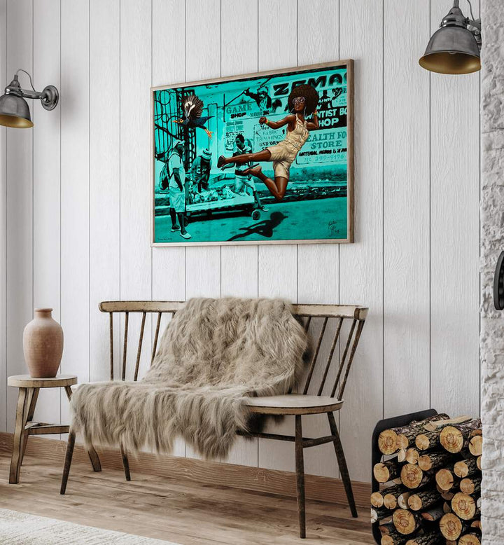 Stylish interior featuring BLACK BELT JONES, AFRICAN ART PAINTINGS by Christian Beijer on museum-grade canvas.
