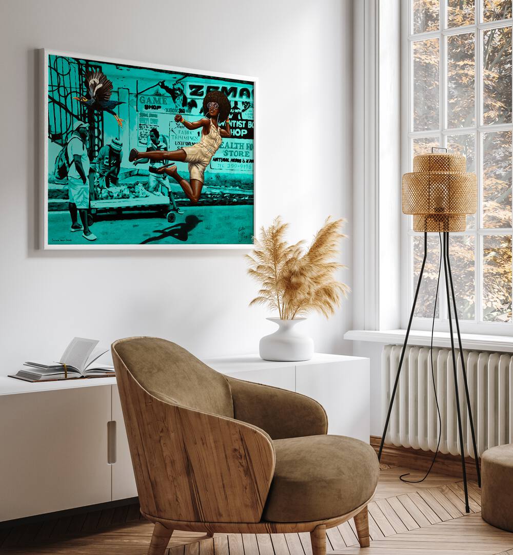 Vibrant scene featuring BLACK BELT JONES, AFRICAN ART PAINTINGS by Christian Beijer, enhancing modern decor.