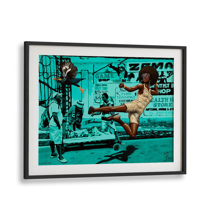Vibrant BLACK BELT JONES, AFRICAN ART PAINTINGS by Christian Beijer, showcasing dynamic urban life in a striking frame.