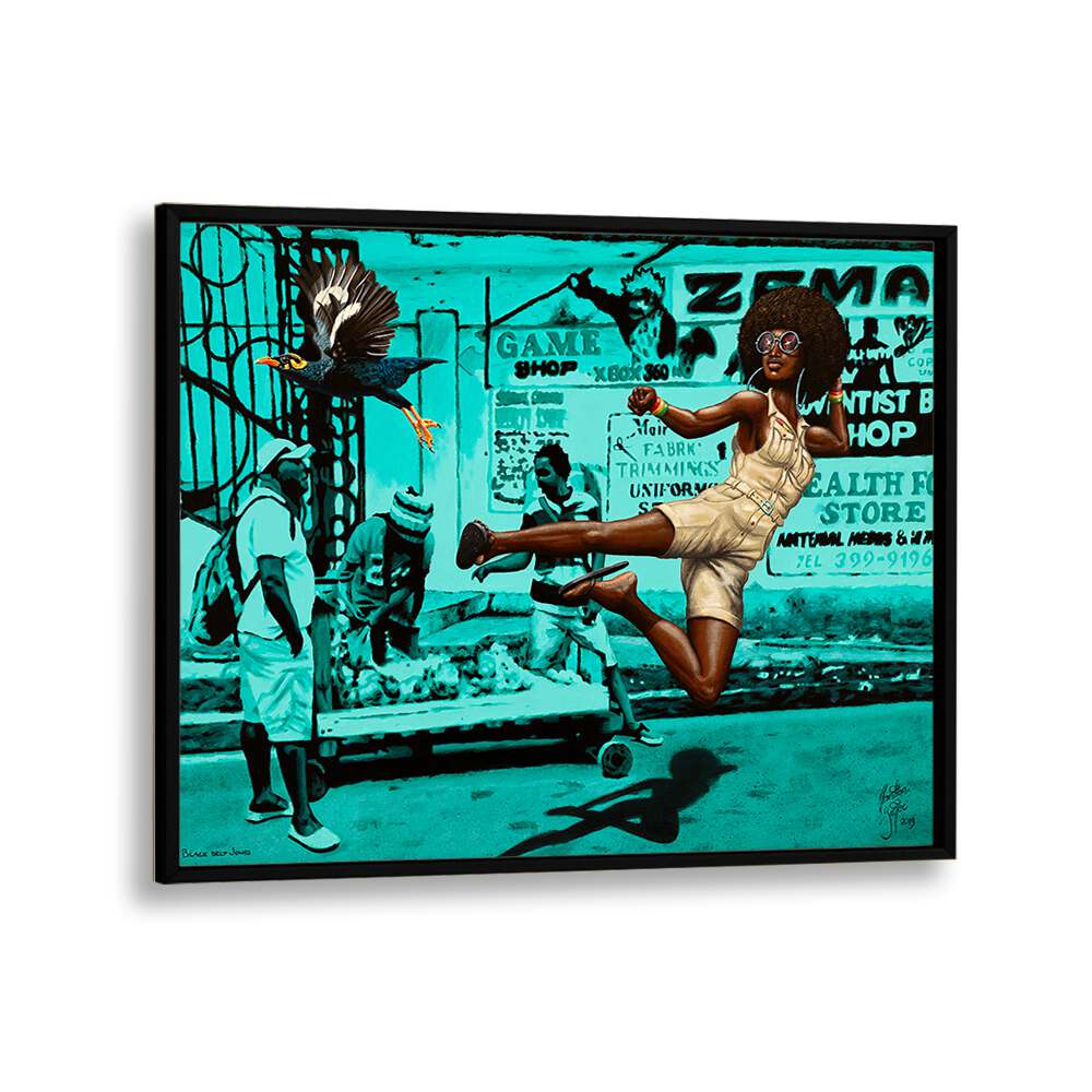 Vibrant BLACK BELT JONES, AFRICAN ART PAINTINGS by Christian Beijer, showcasing dynamic street life and culture.