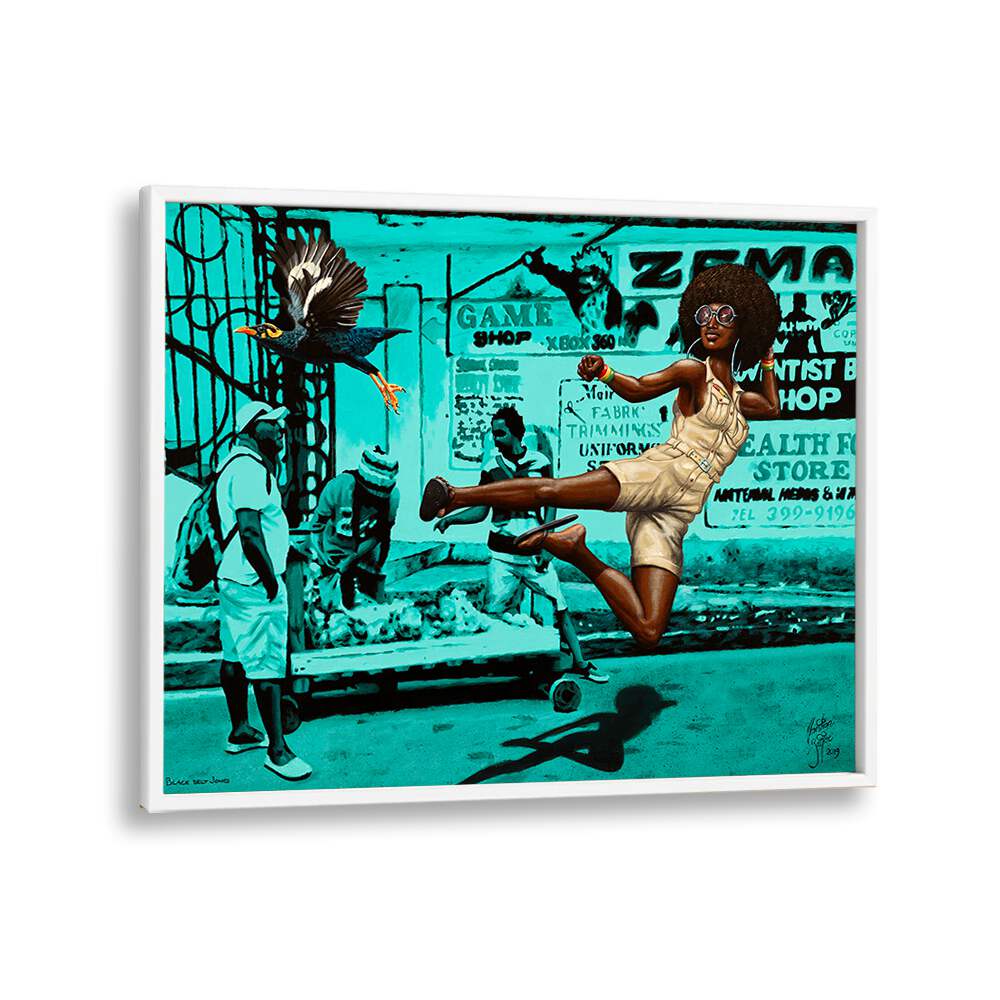 Vibrant artwork from BLACK BELT JONES, showcasing African art paintings by Christian Beijer in a stylish frame.
