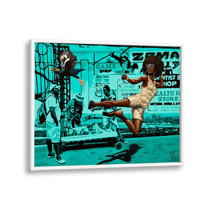 Vibrant artwork from BLACK BELT JONES, showcasing African art paintings by Christian Beijer in a stylish frame.