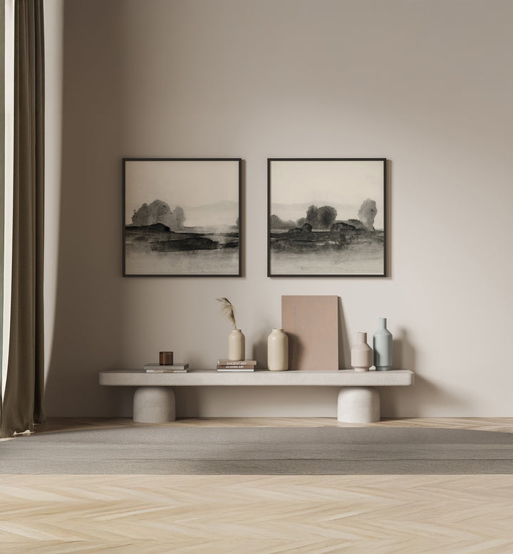 Elegant BLACK CLOUDS SET, SET OF 2 PAINTINGS, enhancing modern spaces with dramatic abstract landscapes.