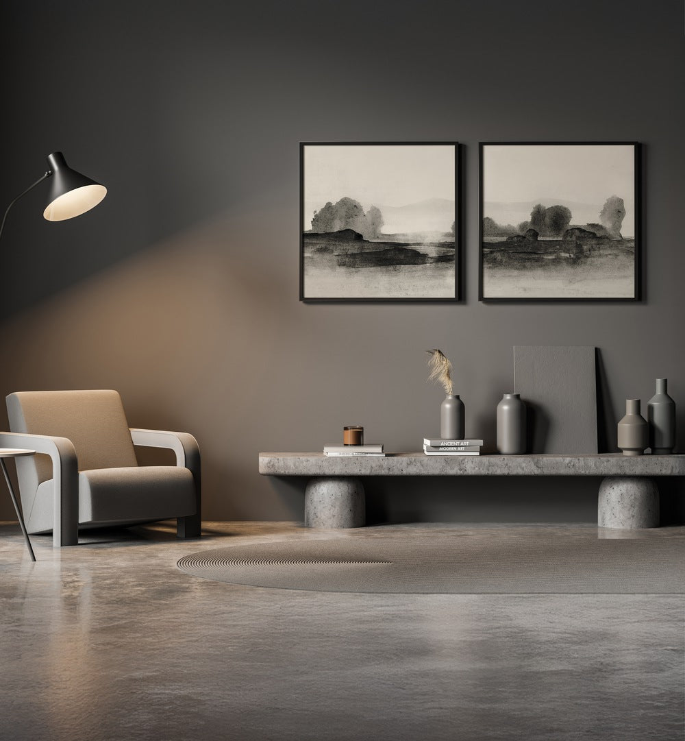 Enhance your space with the BLACK CLOUDS SET, SET OF 2 PAINTINGS, showcasing dramatic abstract landscapes.