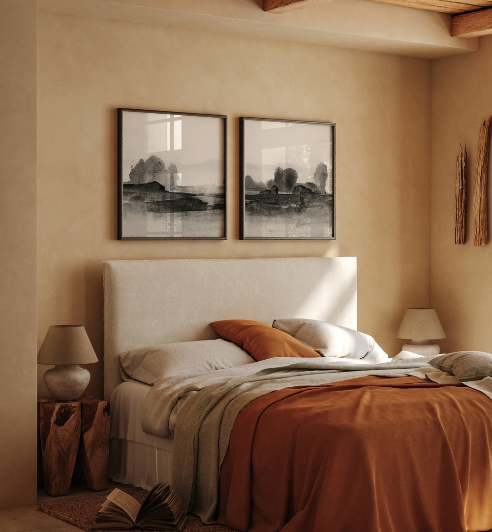 Transform your space with the BLACK CLOUDS SET, SET OF 2 PAINTINGS, featuring dramatic abstract landscapes.