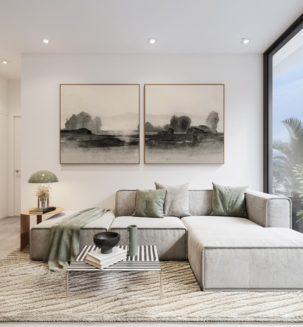 Enhance your decor with the BLACK CLOUDS SET, SET OF 2 PAINTINGS, featuring dramatic abstract landscapes.