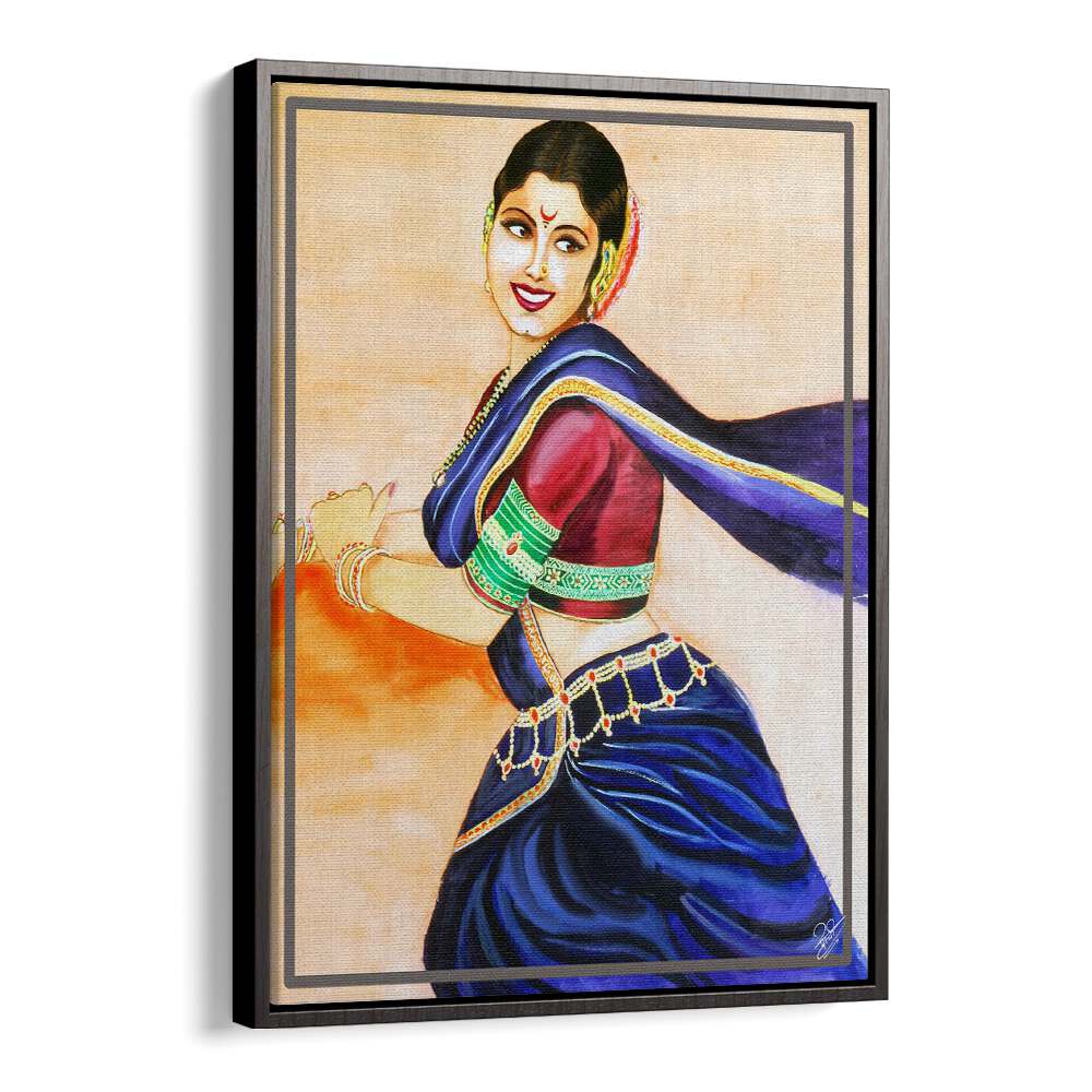 Smiling woman in graceful pose, showcasing RHYTHM OF BEAUTY, INDIAN ART PAINTINGS in modern digital watercolor style.