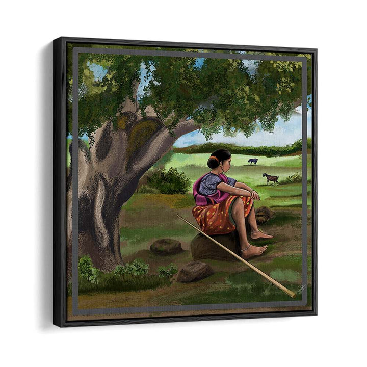 WHISPER OF THE MEADOWS, INDIAN ART PAINTINGS depicts a woman reflecting under a tree in serene countryside bliss.