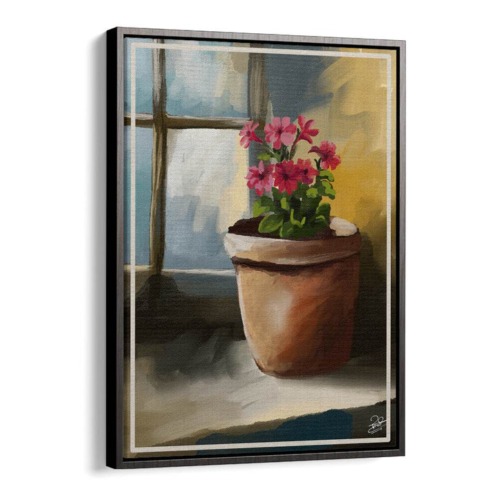 Colorful flowers in a pot by the window inspire serenity in BLOOM BY THE WINDOW, INDIAN ART PAINTINGS. Perfect for your space.