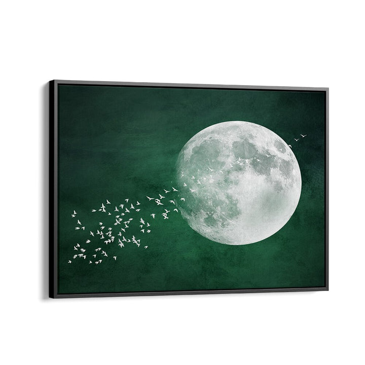 Mesmerizing EMERALD MOON, LANDSCAPE PAINTINGS showcase a celestial scene with birds in flight and calming green hues.
