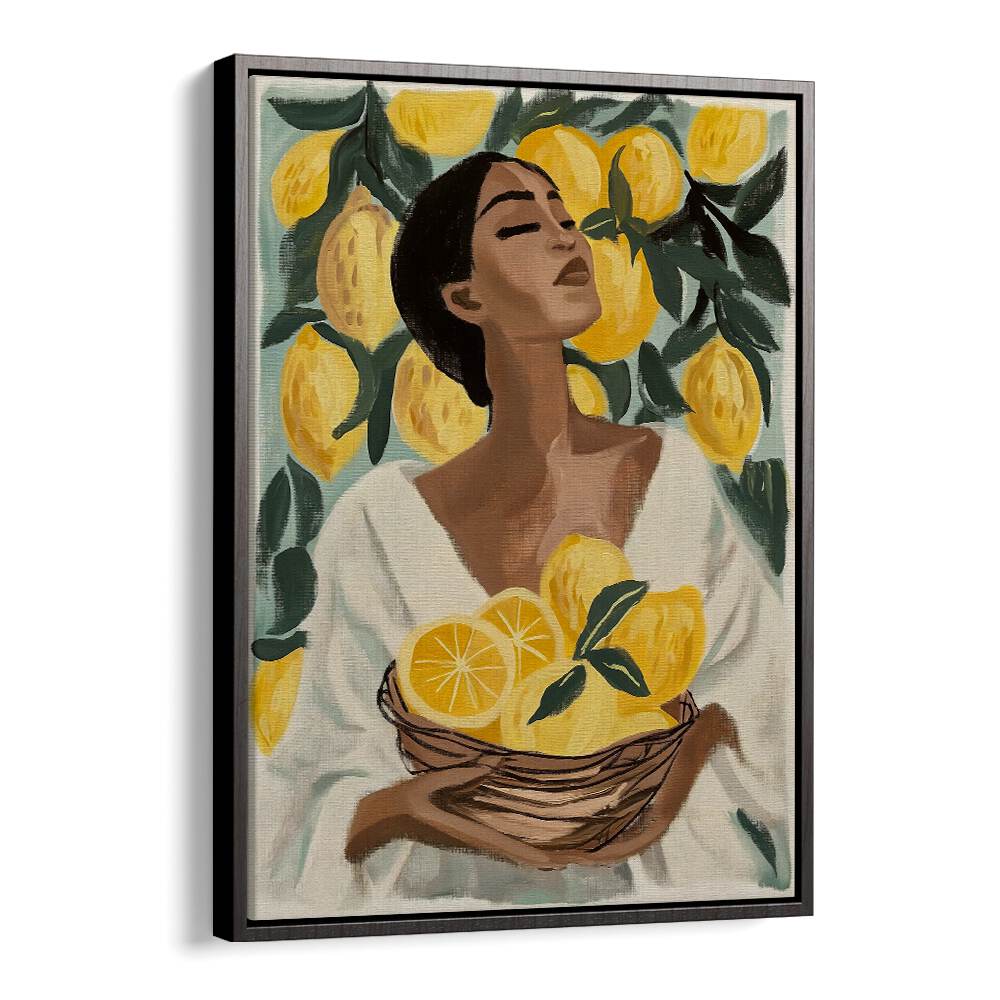 Brighten your space with LEMON TREE, PORTRAITS showcasing a woman holding vibrant lemons in a charming art print.