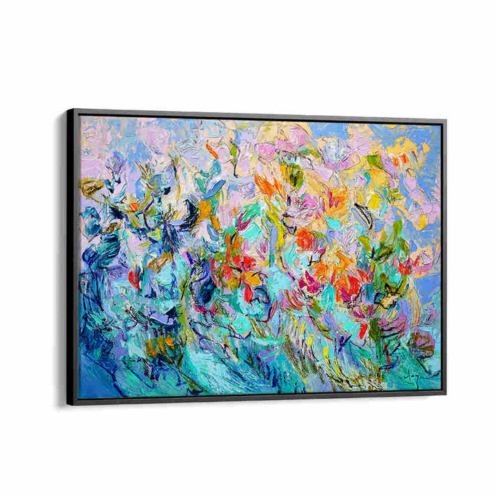 RADIANT FLORAL HARMONY , FLORAL FLOWER PAINTINGS by BlackFloater vibrant abstract floral painting in black frame