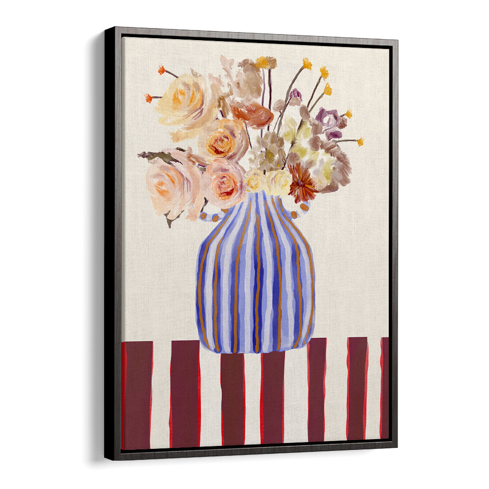 Vibrant STILL LIFE WITH FLOWERS I, FLORAL FLOWER PAINTINGS, showcasing a colorful bouquet in a striped vase. Perfect decor.