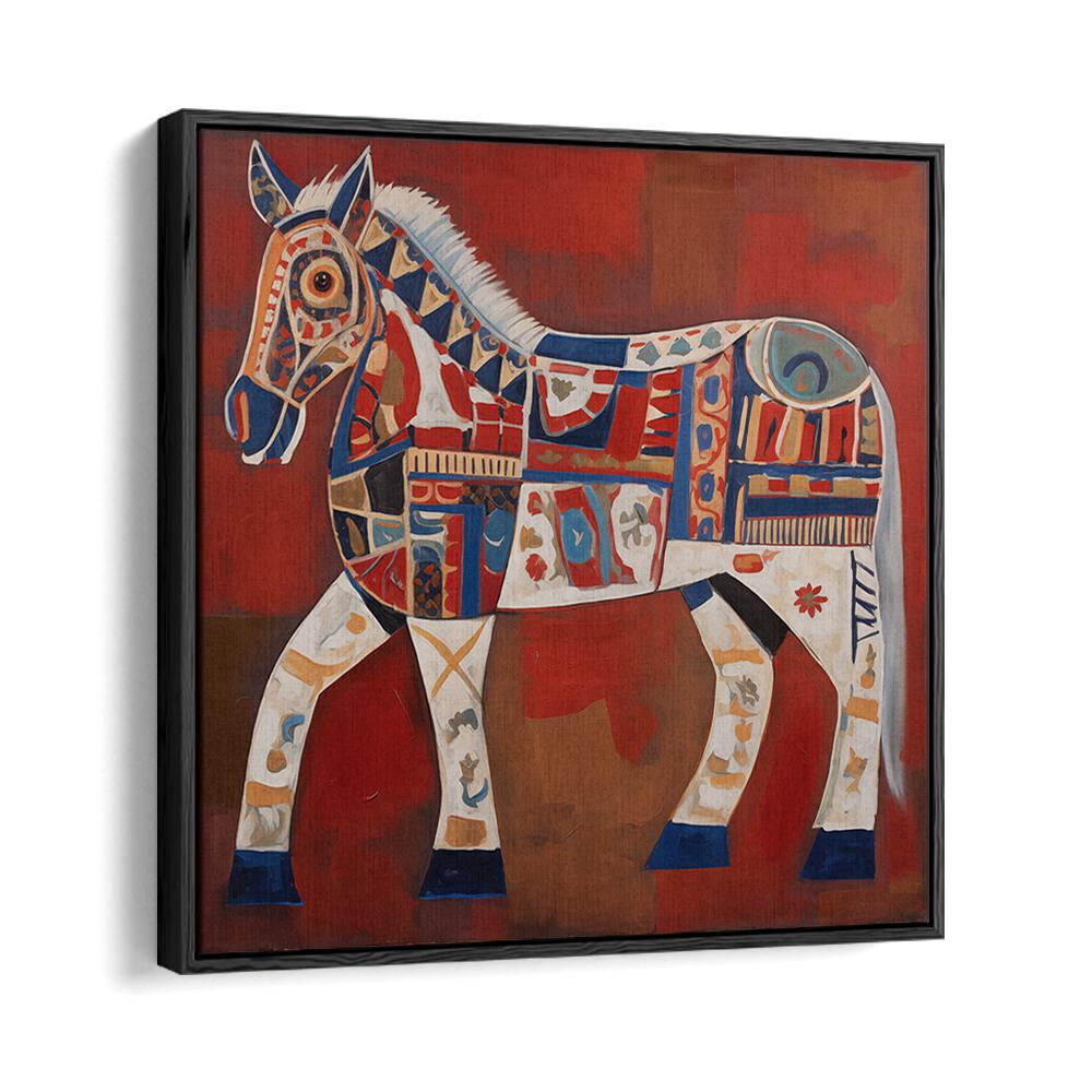 Framed art featuring THE DECORATED HORSE, ANIMAL PAINTINGS, blending traditional and contemporary styles. Perfect for décor.