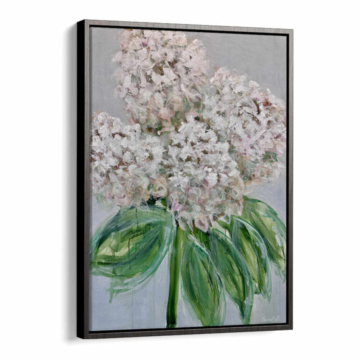 Elegant WHITE HYDRANGEA BLOOM, FLORAL FLOWER PAINTINGS in abstract brushstrokes, perfect for enhancing home decor.