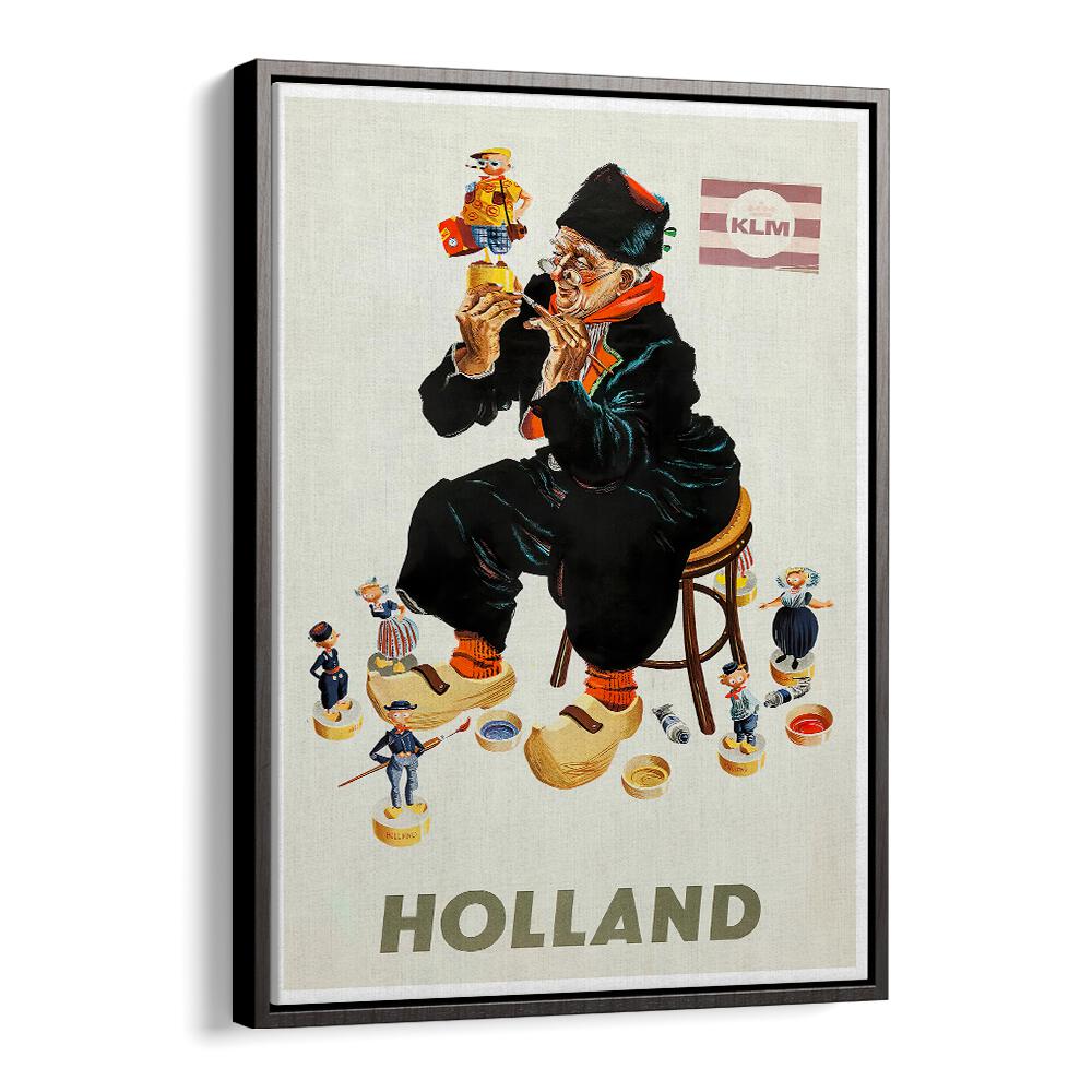 HOLLAND II, VINTAGE TRAVEL POSTERS showcase a nostalgic scene of Dutch culture with playful characters and vibrant colors.