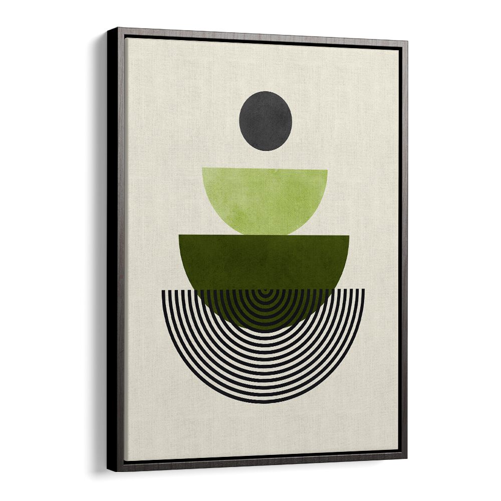 Stylish LINES AND CIRCLES V, GEOMETRIC ART PRINTS featuring layered shapes in calming greens and black. Perfect for modern decor.
