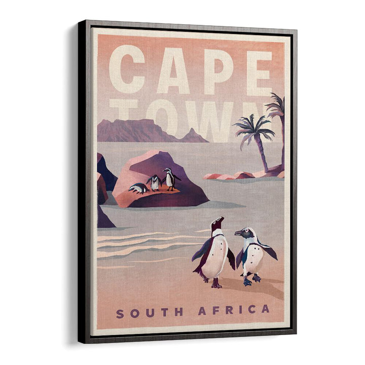 Vintage travel poster showcasing Cape Town, South Africa, featuring penguins and scenic coastal beauty. Perfect for CAPE TOWN SOUTH AFRICA, TRAVEL POSTERS lovers.
