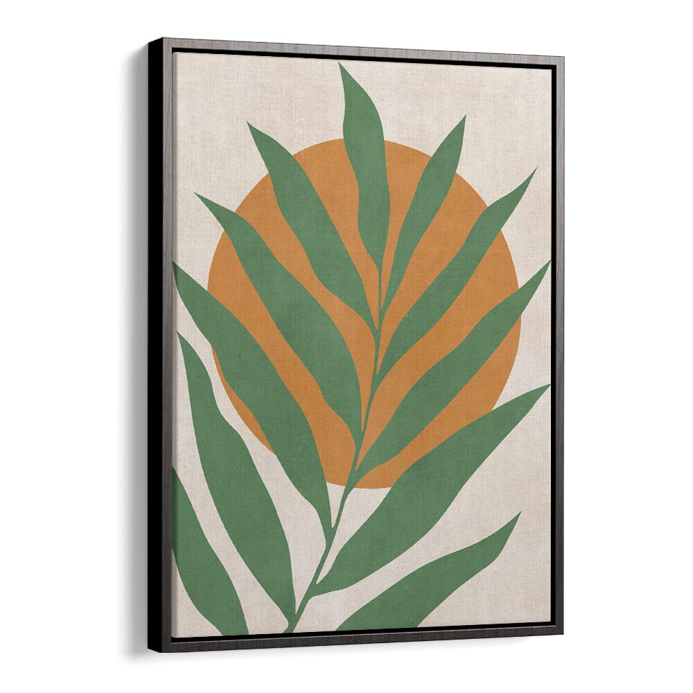 Vibrant TROPICAL III, BOHO ART PAINTINGS showcase lush green leaves against a warm orange circle, perfect for any space.