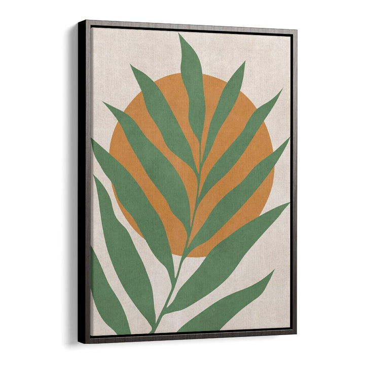Vibrant TROPICAL III, BOHO ART PAINTINGS showcase lush green leaves against a warm orange circle, perfect for any space.