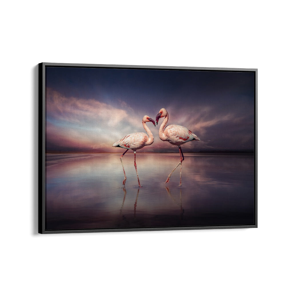Two elegant flamingos share a tender moment in the surreal FLAMINGO LOVE, PHOTOGRAPHY PRINTS, perfect for any space.