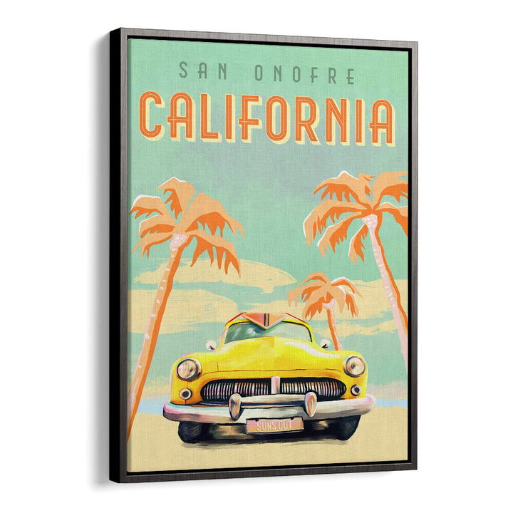 Vintage California surf travel poster featuring a classic yellow car and palm trees, perfect for beach lovers.