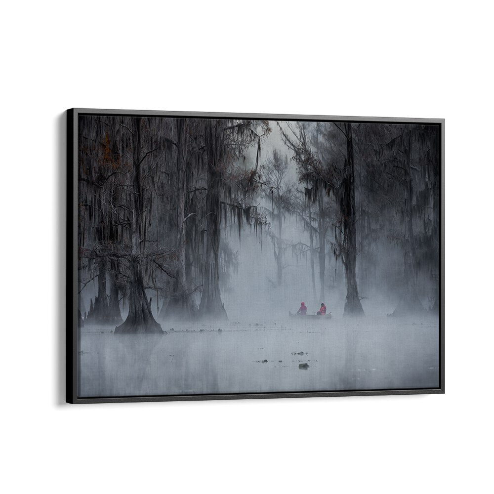 Journey to Mystery, photography prints showcasing a serene foggy landscape with kayakers amidst majestic trees.