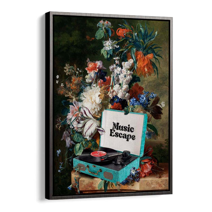 Vibrant MUSIC ESCAPE, FLORAL FLOWER PAINTINGS by Dikhotomy, featuring a record player and lush floral designs.