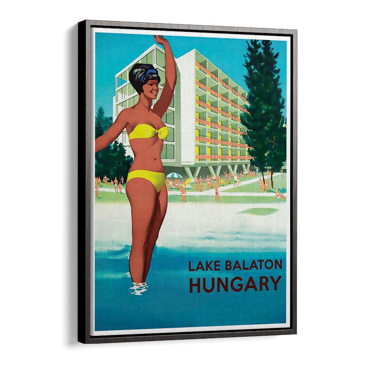 Lake Balaton scene featuring a woman in a yellow bikini, promoting HUNGARY, VINTAGE TRAVEL POSTERS for decor.