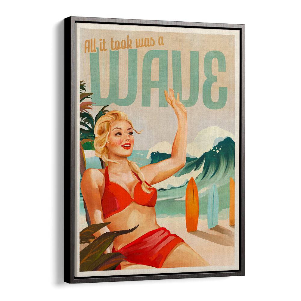Chic surfing pinup girl in a vibrant beach scene, perfect for fans of BEACH PAINTINGS and fun summer vibes.