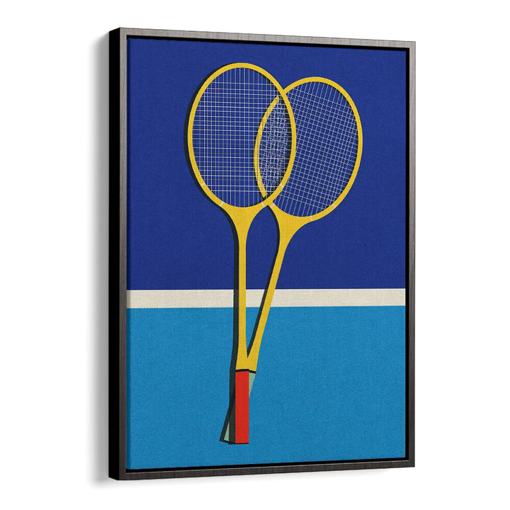 Colorful badminton rackets in a framed sports poster showcasing performance and style for all players. BADMINTON RACKETS, SPORTS POSTERS.
