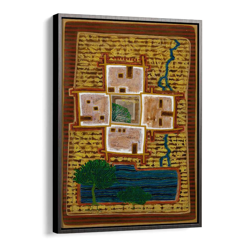 Vibrant landscape painting titled "A SHADOWY CORNER," featuring a unique depiction of homes and nature.