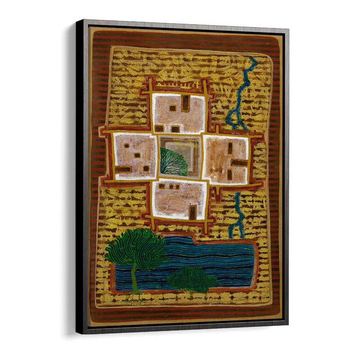 Vibrant landscape painting titled "A SHADOWY CORNER," featuring a unique depiction of homes and nature.