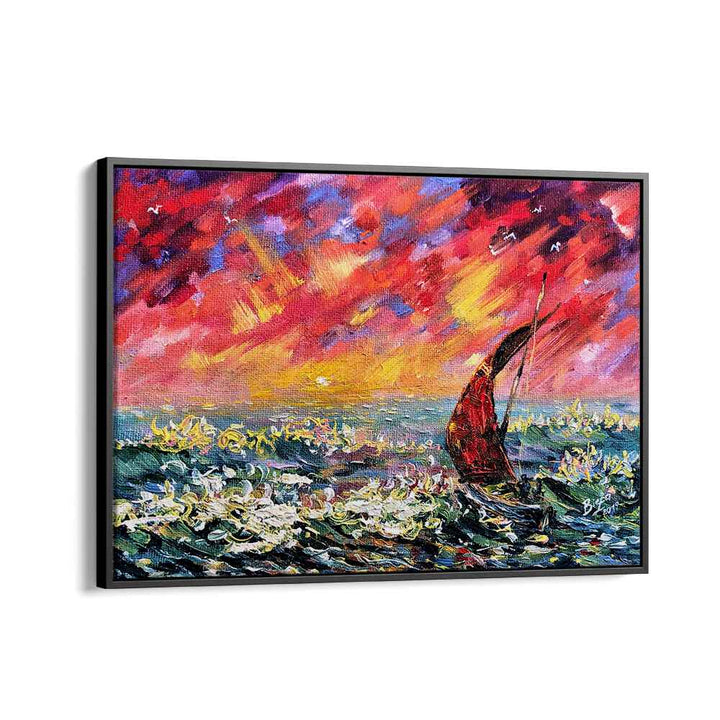Vivid RED SKY BOAT, LANDSCAPE PAINTINGS showcase a serene sunset over tranquil waters, perfect for your decor.