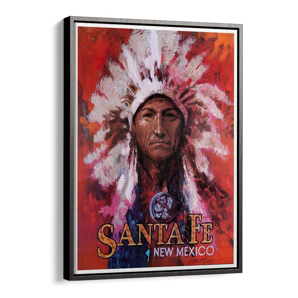 SANTAFE NEW MEXICO, VINTAGE TRAVEL POSTERS showcase a striking portrait of Native American heritage and charm.