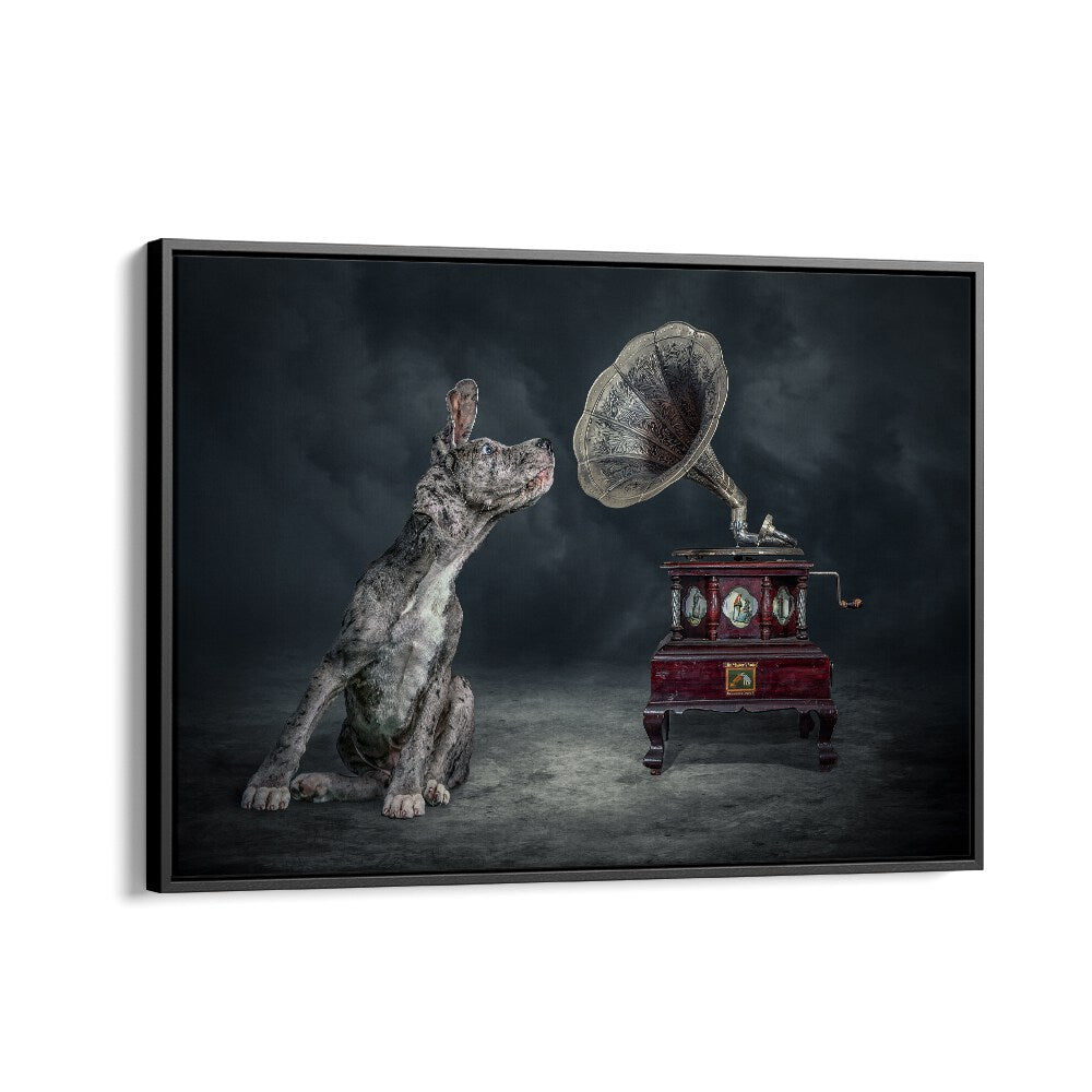 Surreal MUSIC DOG photography print featuring a dog with a vintage gramophone, perfect for art lovers.