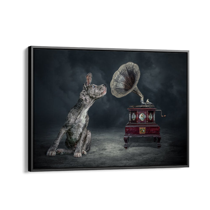 Surreal MUSIC DOG photography print featuring a dog with a vintage gramophone, perfect for art lovers.