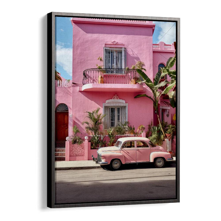 Vibrant MEXICAN LIFE VII, CAR POSTERS featuring a pink car and colorful architecture, ideal for decor lovers.
